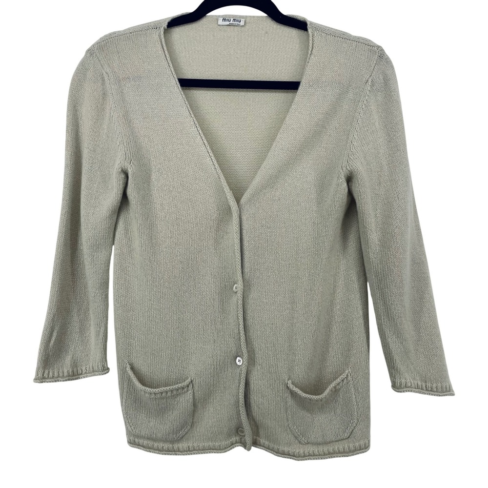 Miu Miu Size S Cardigan Beige V-Neck 3/4 Sleeve Pocket Knit Sweater Womens
